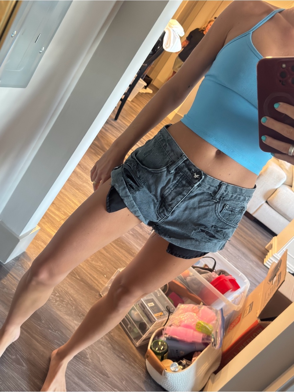 One Teaspoon Charcoal Distressed Rolled Hem Jean Shorts